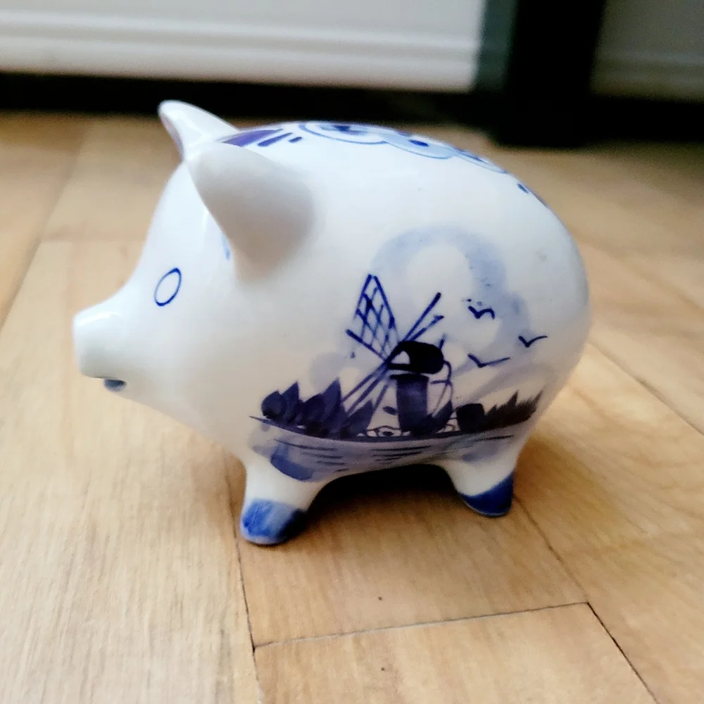 Vintage Handmade Delft Pottery Small Floral & Nautical Ship Dutch Piggy Bank